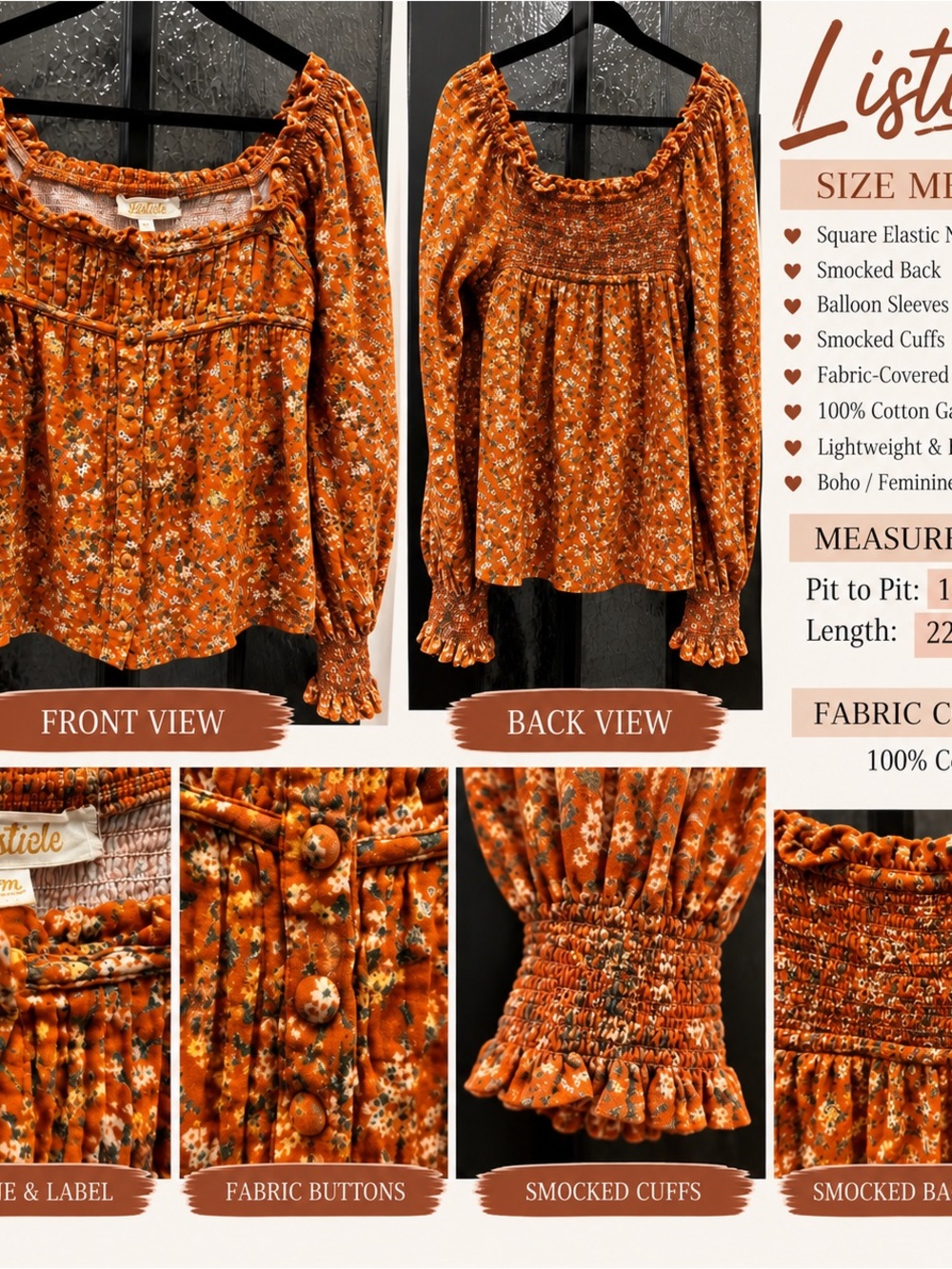Listicle Medium Orange Smocked Floral Cotton Gauze Peasant Square Neck Boho Top